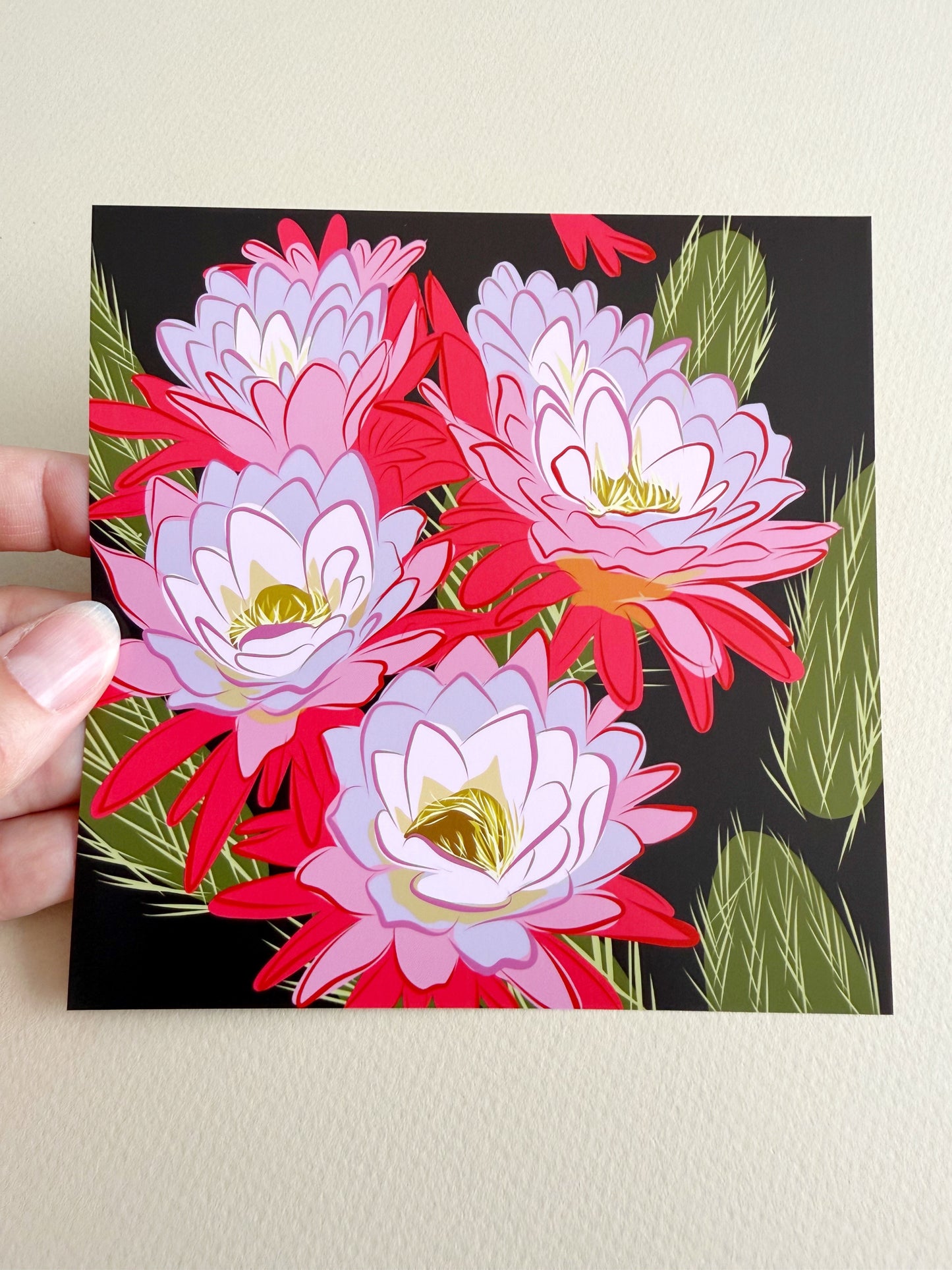 A. Bold pink & violet Blooming Cactus print on brown background