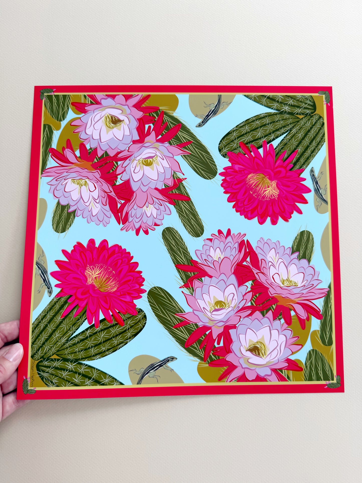 A. Bold pink & violet Blooming Cactus four corner repeat print