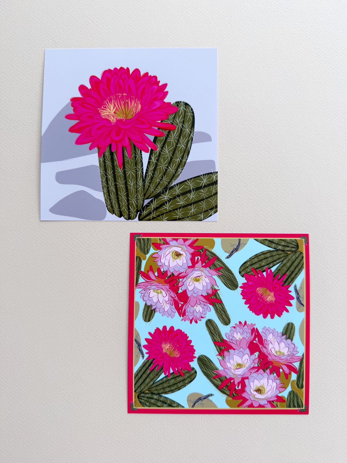A. Bold pink Blooming Cacti print on turquoise background
