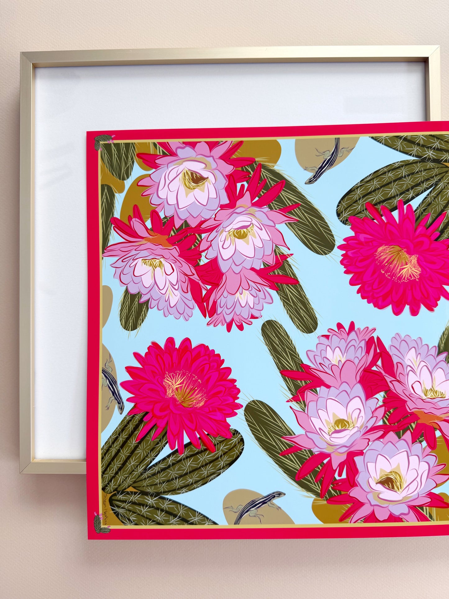 A. Bold pink & violet Blooming Cactus four corner repeat print