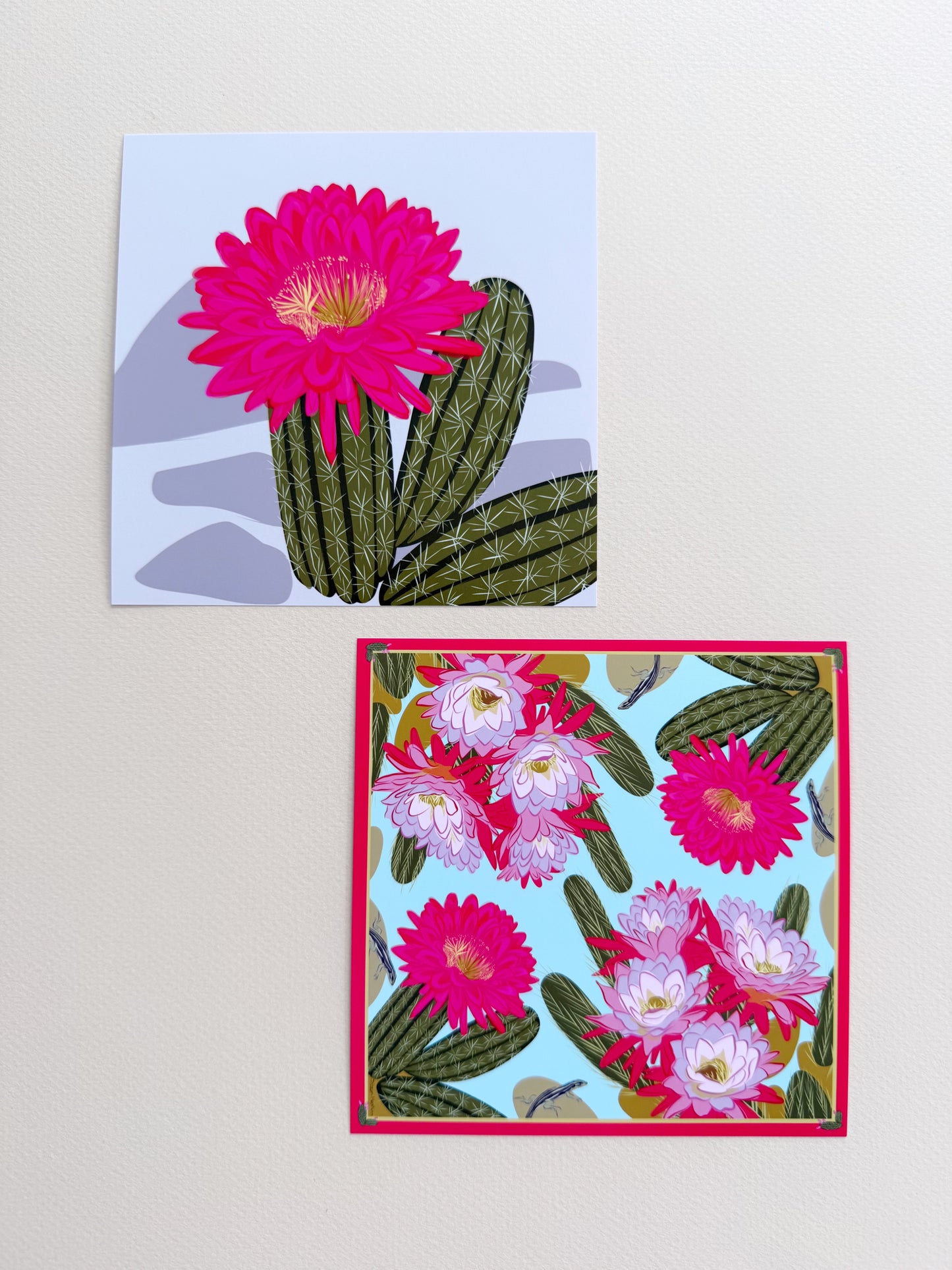 A. Bold pink & violet Blooming Cactus four corner repeat print