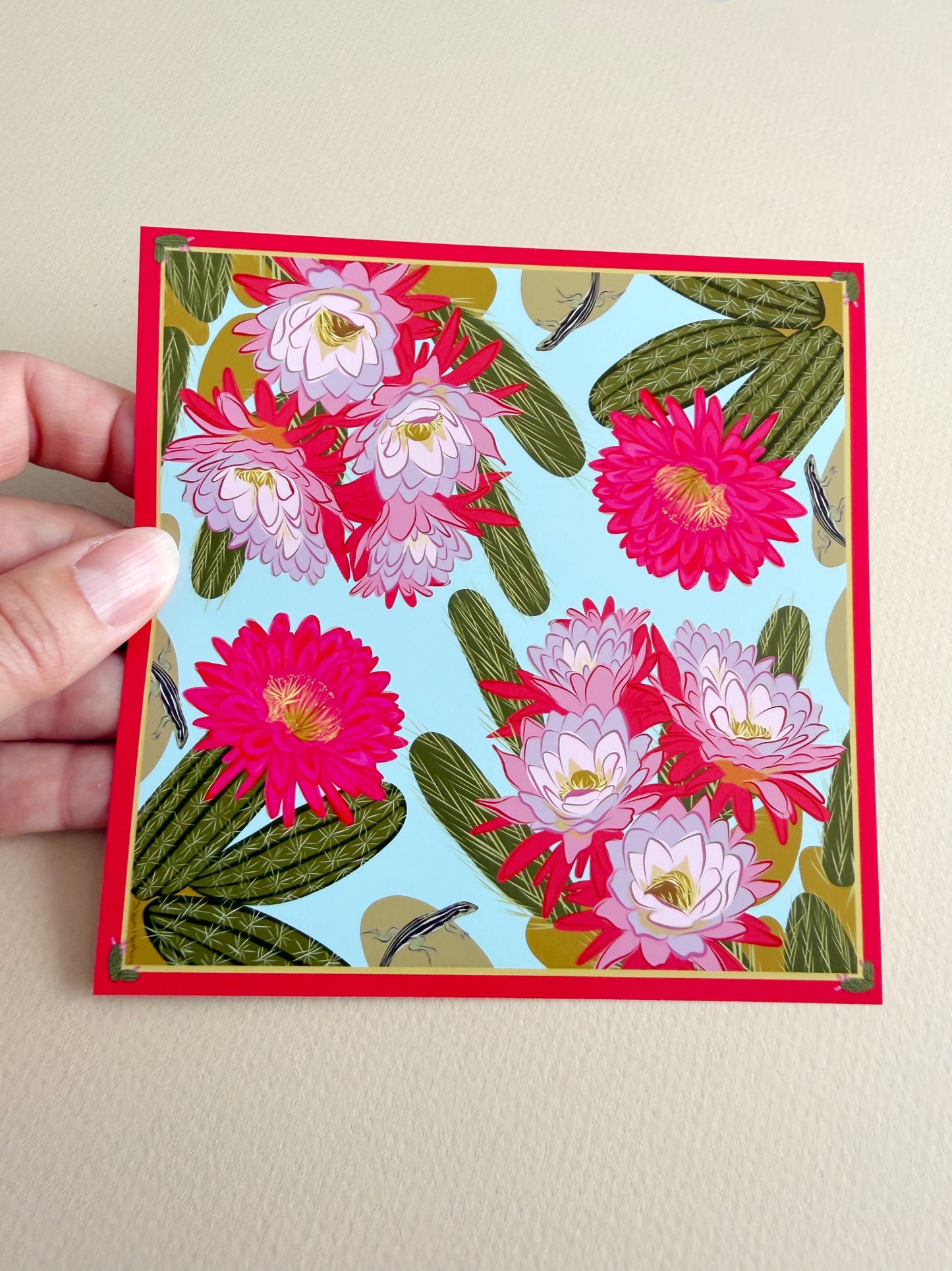 A. Bold pink & violet Blooming Cactus four corner repeat print