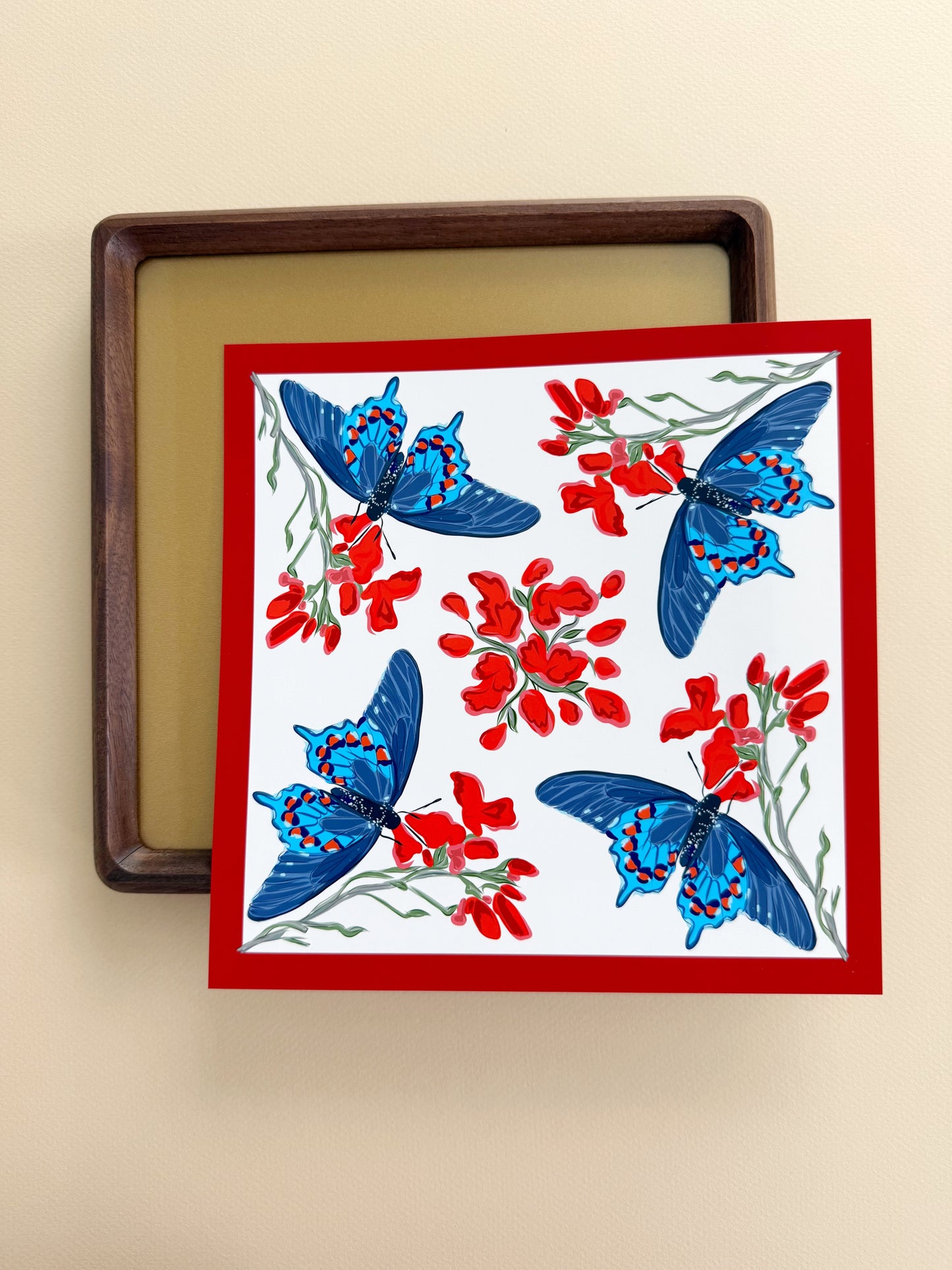 AE. Aqua Butterflies with Red Flowers Four Corner Repeat Print