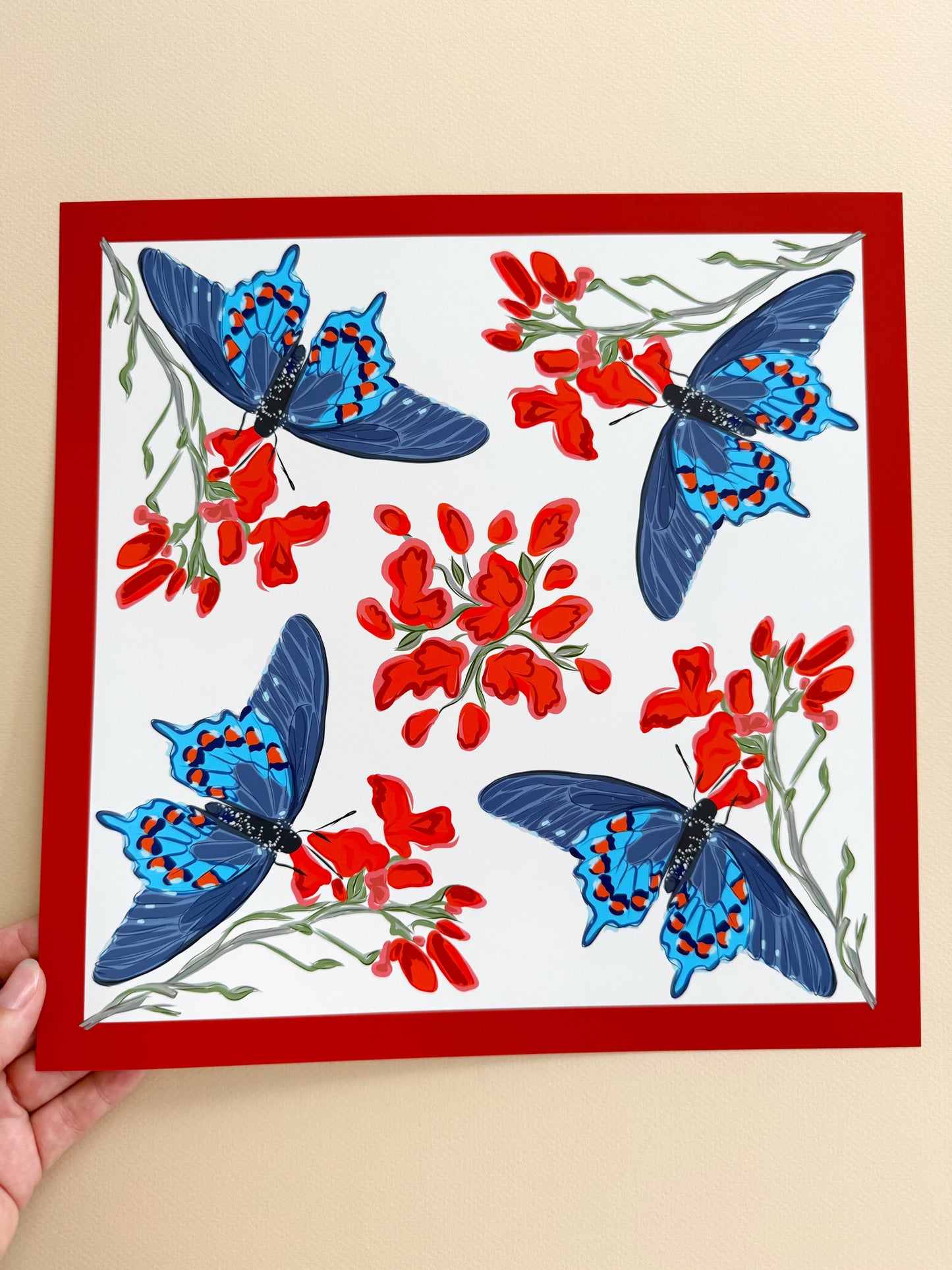 AE. Aqua Butterflies with Red Flowers Four Corner Repeat Print