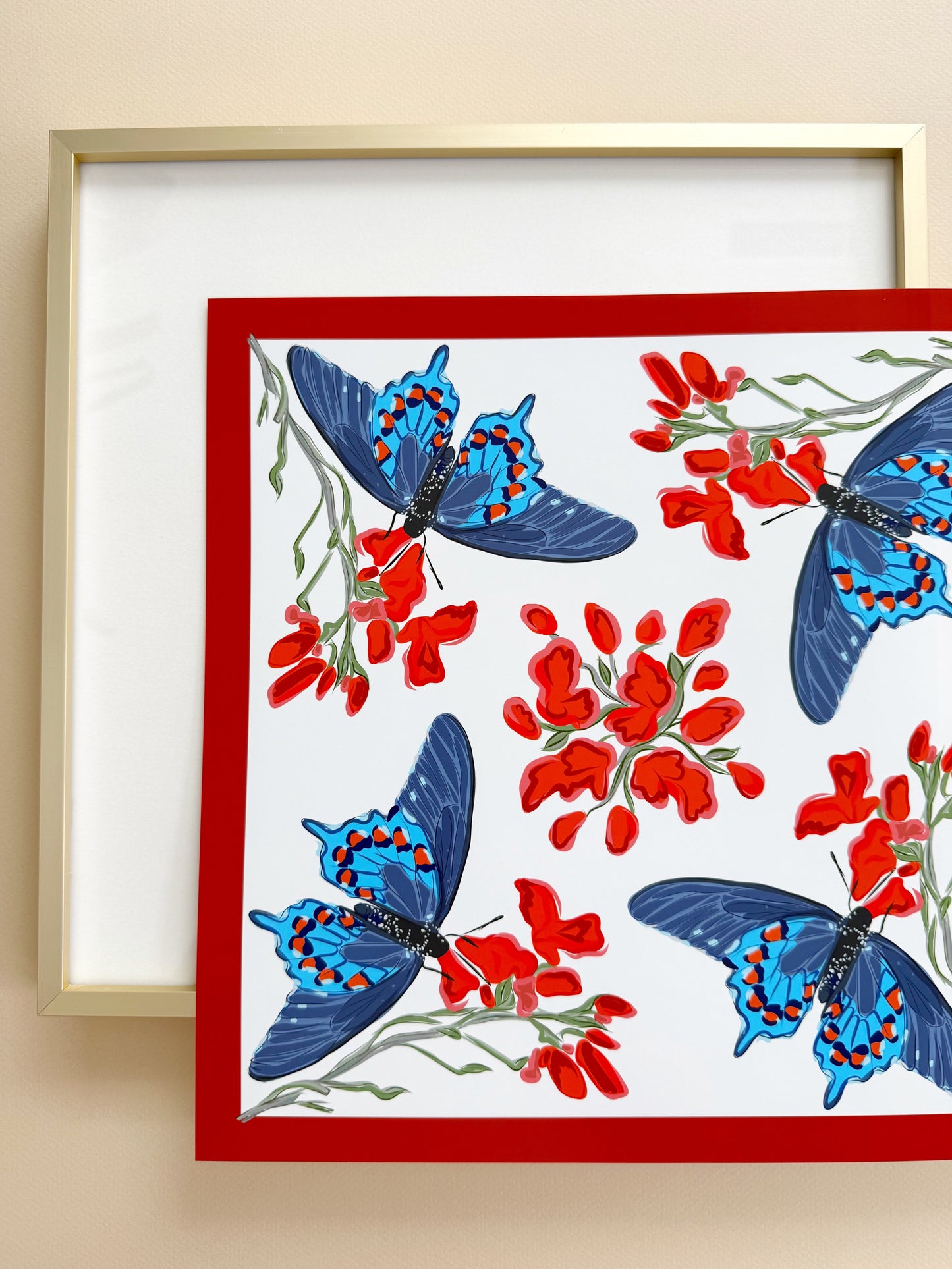 AE. Aqua Butterflies with Red Flowers Four Corner Repeat Print