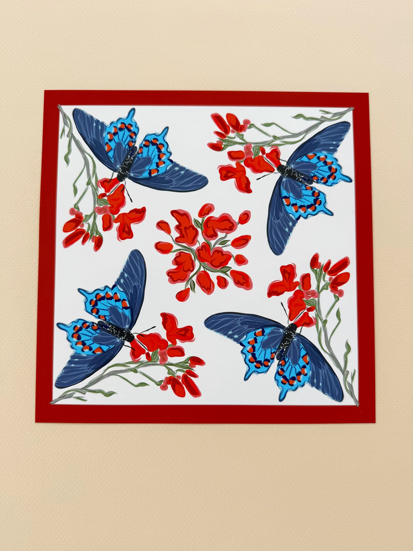 AE. Aqua Butterflies with Red Flowers Four Corner Repeat Print