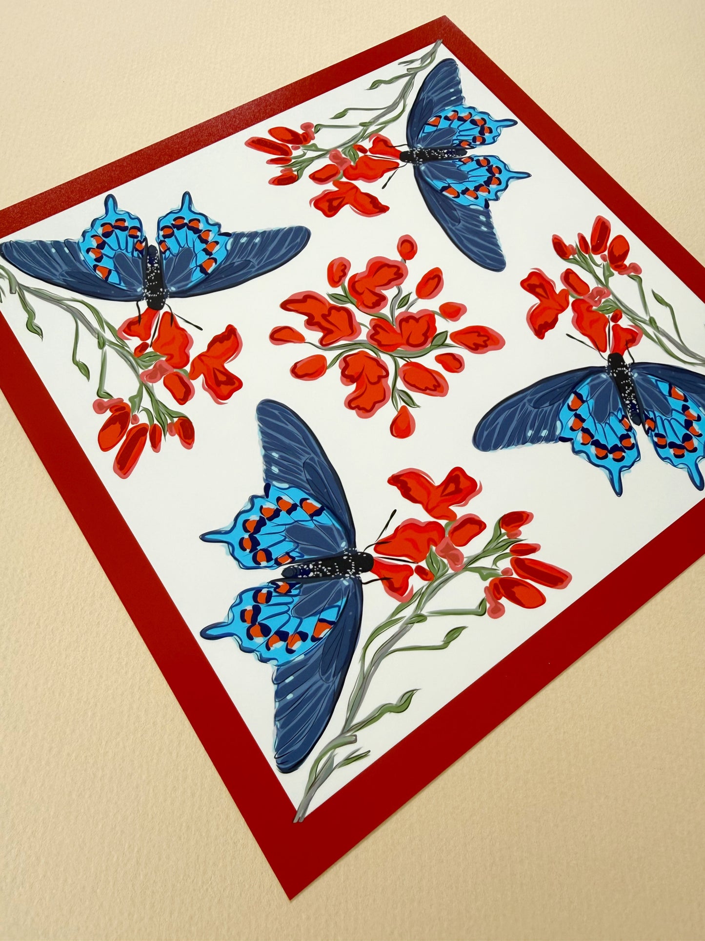 AE. Aqua Butterflies with Red Flowers Four Corner Repeat Print