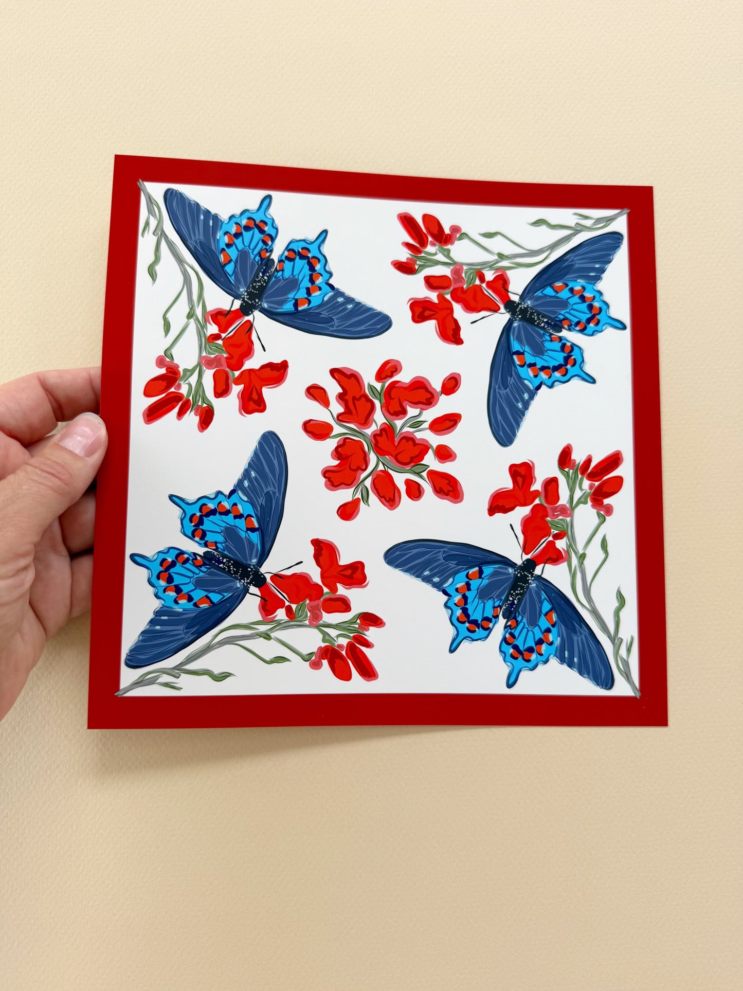 AE. Aqua Butterflies with Red Flowers Four Corner Repeat Print
