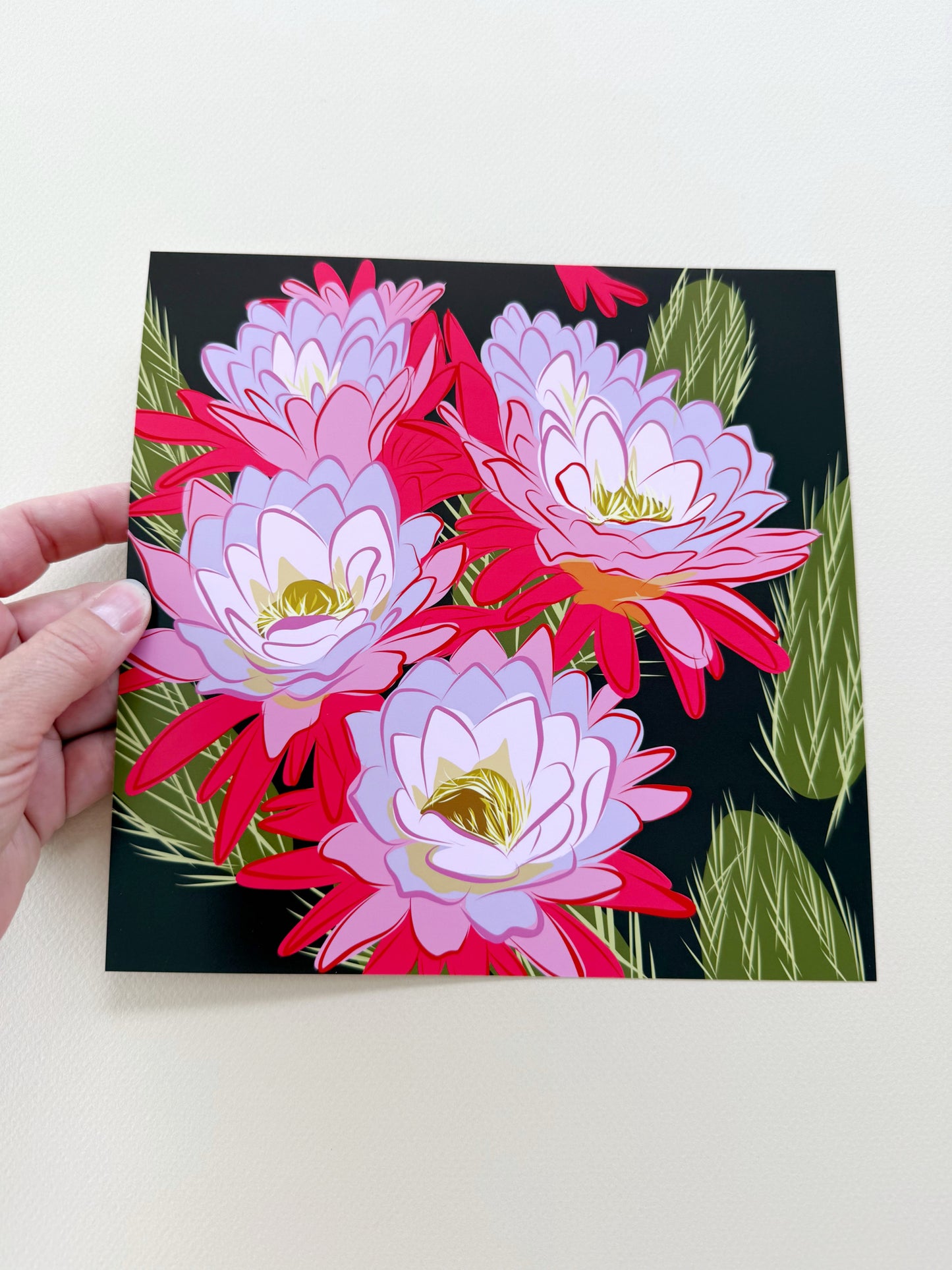 A. Bold pink & violet Blooming Cactus print on brown background