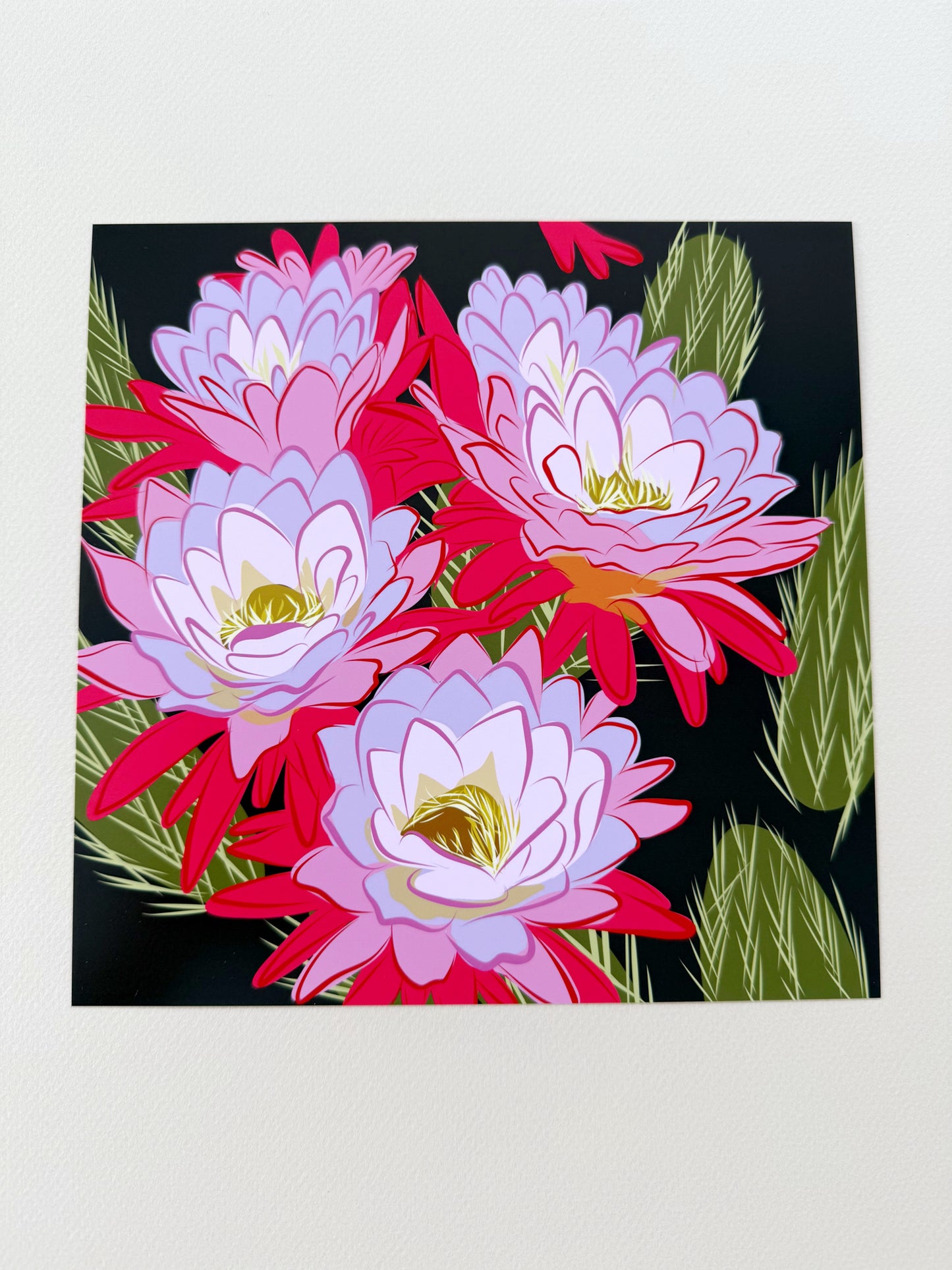 A. Bold pink & violet Blooming Cactus print on brown background