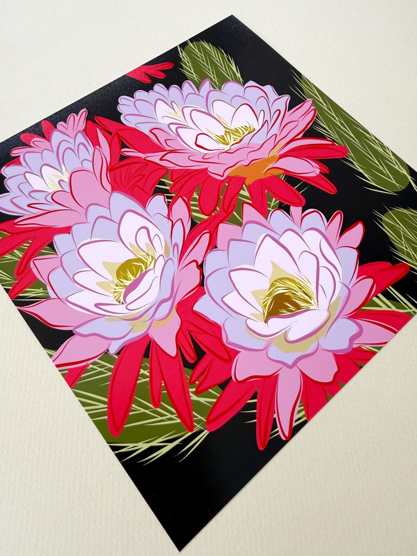 A. Bold pink & violet Blooming Cactus print on brown background