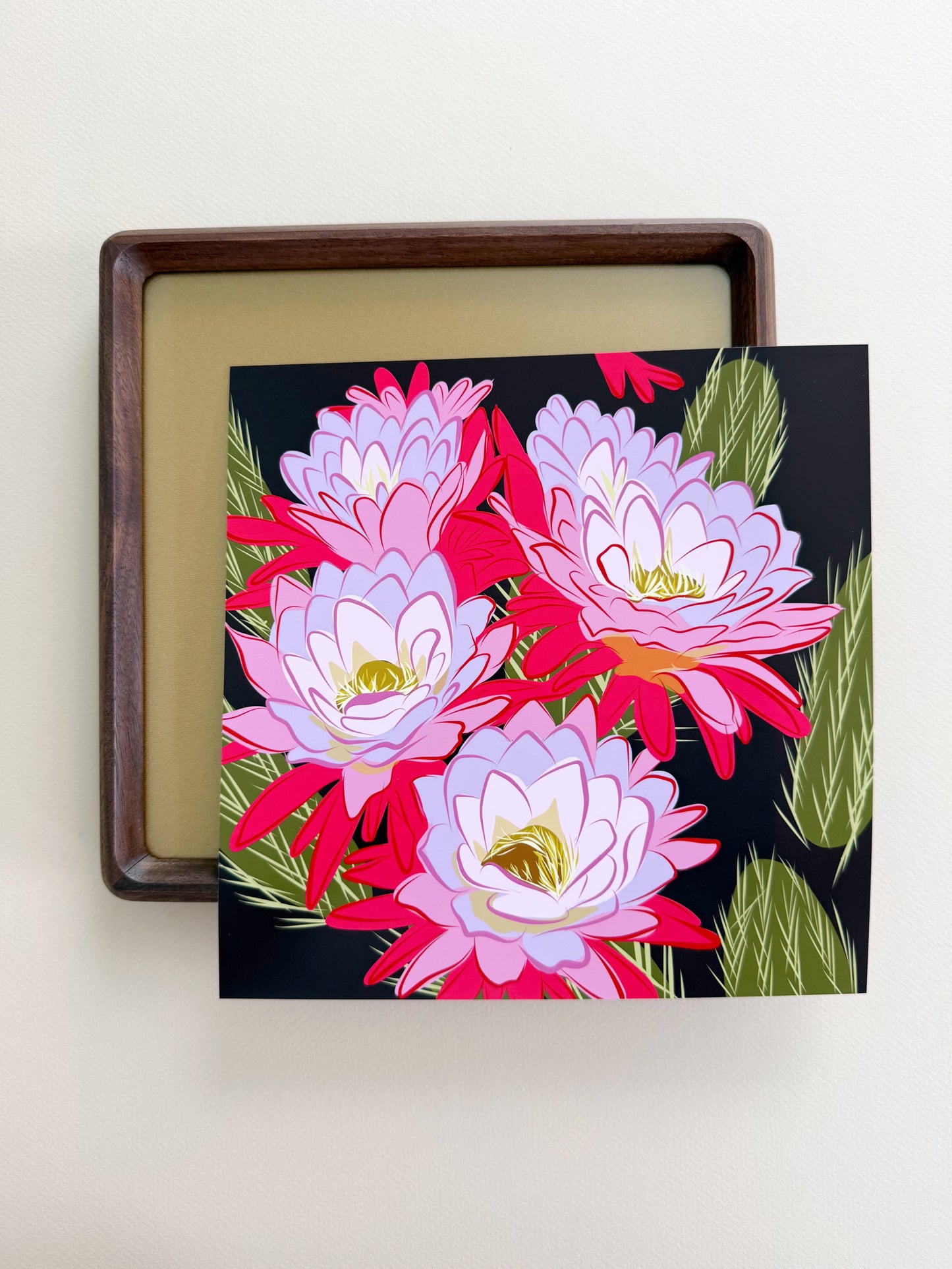 A. Bold pink & violet Blooming Cactus print on brown background