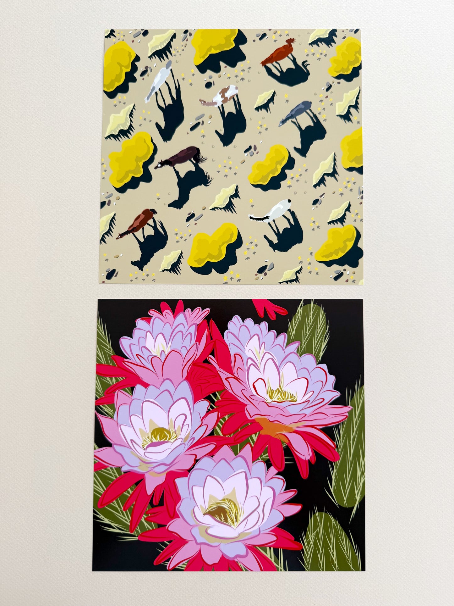 A. Bold pink & violet Blooming Cactus print on brown background