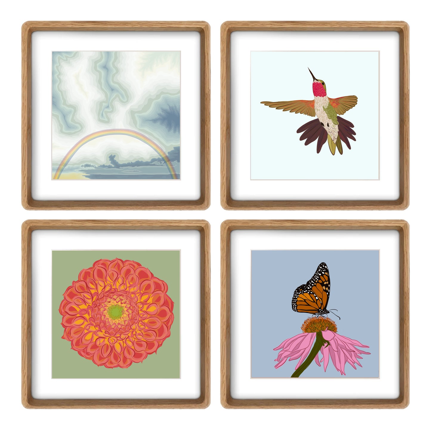 A. Rainbow, Flowers, Hummingbird & Monarch group of four prints