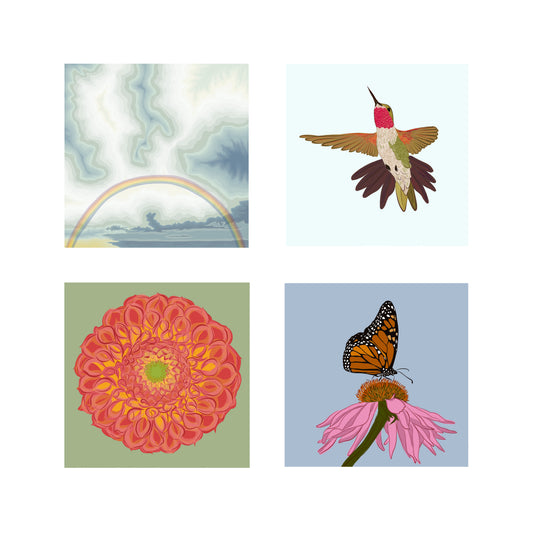 A. Rainbow, Flowers, Hummingbird & Monarch group of four prints