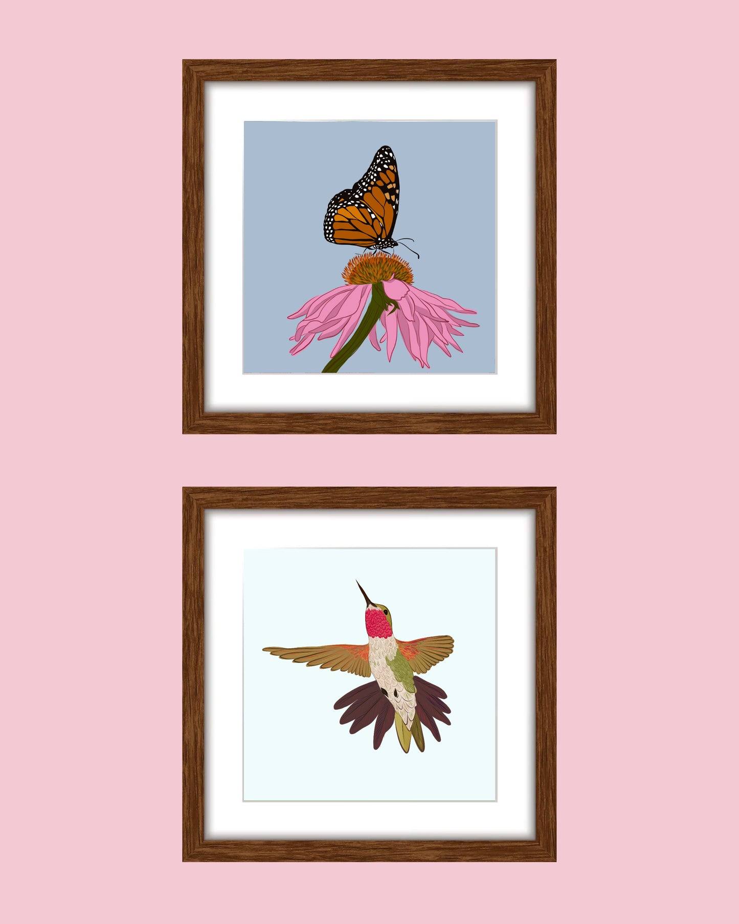 A. Rainbow, Flowers, Hummingbird & Monarch group of four prints