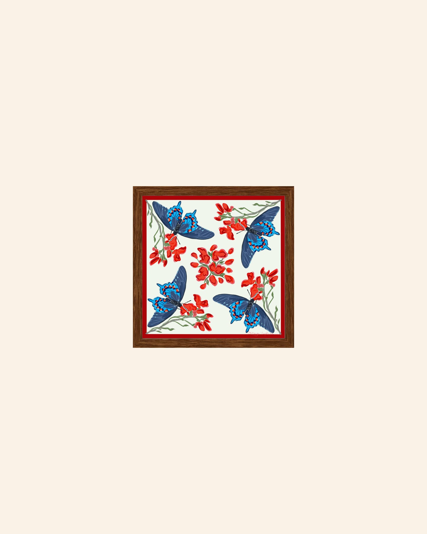 AE. Aqua Butterflies with Red Flowers Four Corner Repeat Print