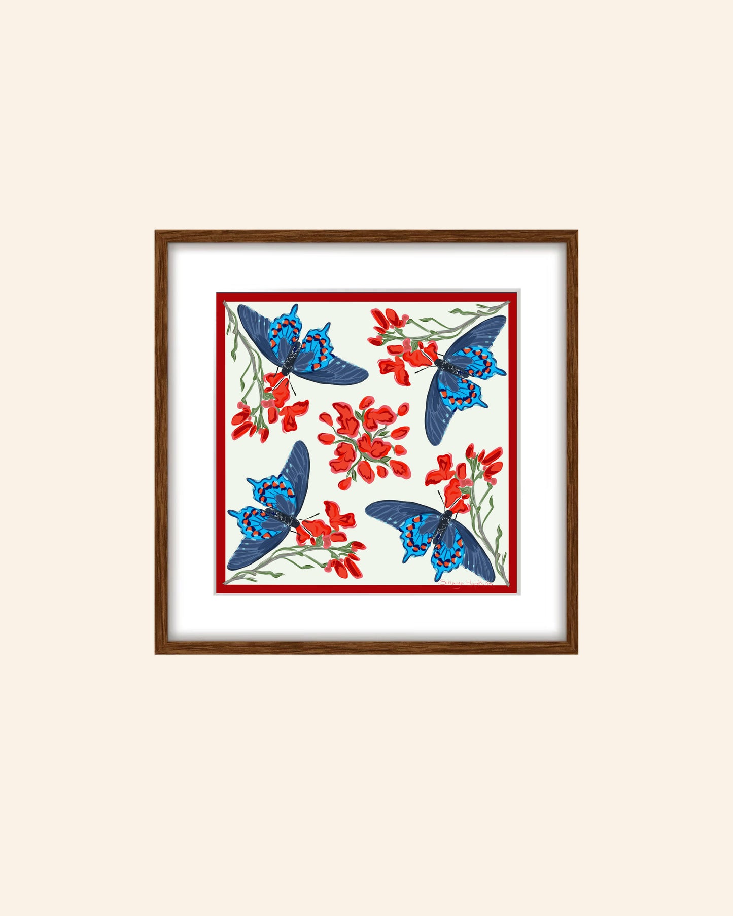 AE. Aqua Butterflies with Red Flowers Four Corner Repeat Print